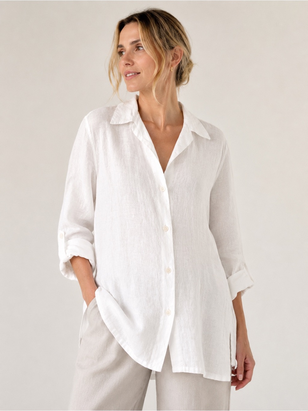 White European Linen Button-Front Shirt